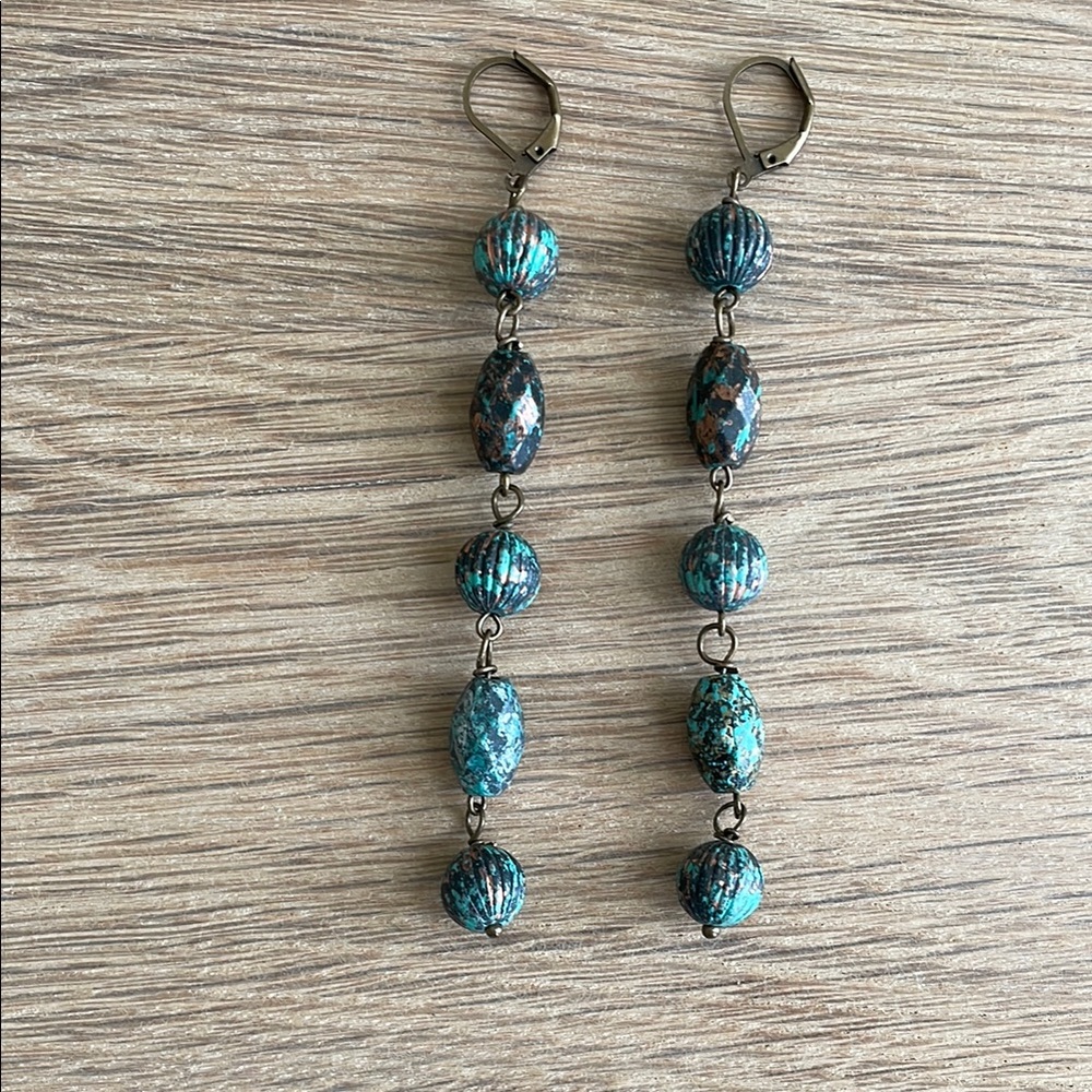 HAND CRAFTED SHOULDER DUSTER EARRINGS Patina Mint Green Copper Antiqued Brass - Picture 8 of 14